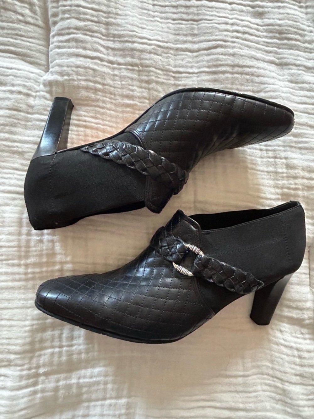 *BRIGHTON* Black Quilted Heeled Women's Ankle Shoes with Braided Strap